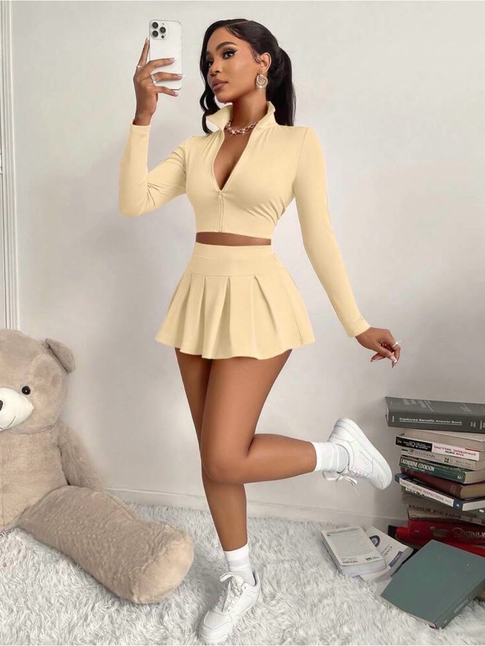Cream Two-Piece Zip Crop Top & Pleated Mini Skirt Set